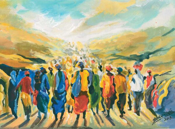 Kleurijk schilderij van een groep mensen die op weg zijn door een landschap.