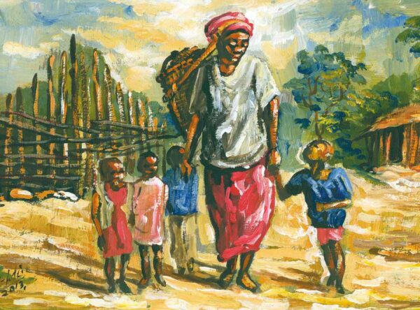 Kleurijk schilderijtje van een vrouw met vier kinderen die door een landschap wandelt.