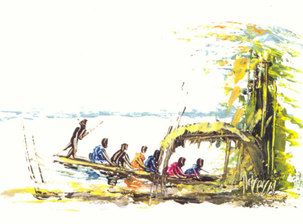 Hommes en train de pêcher des crevettes sur un cours d'eau, à côté de la berge, une cabane et des arbres au premier plan. Carte légère avec des tons jaune-vert et bleu et des figures colorées.