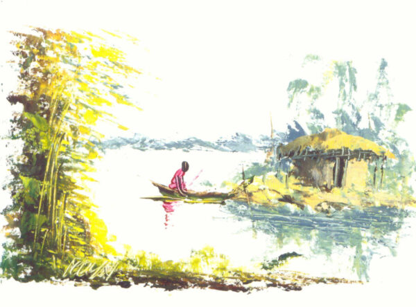 Homme dans un prau sur un cours d'eau, à côté de lui sur la rive, une hutte et des arbres au premier plan. Carte claire avec des tons jaune-vert et bleu.