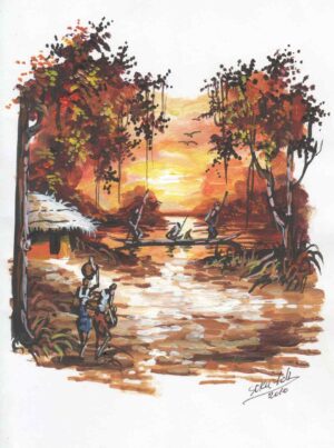 Peinture dans les tons bruns et rouges d'un paysage avec un bateau sur l'eau, des arbres et une cabane sur le rivage.