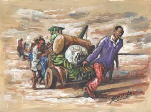 Un homme tire une charrette chargée de bananes et d'autres marchandises. Fond beige-brun avec un dessin coloré au premier plan.