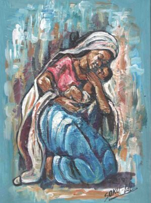 Maria met baby geknield op de grond. Vuil blauwe en bruine tinten met wit en een beetje rood.