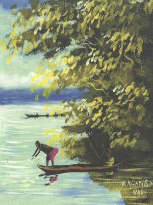 Gedetailleerd schilderij van een landschap met een rivier, bomen en een man in een boot. Groene, blauwe en witgele tinten.