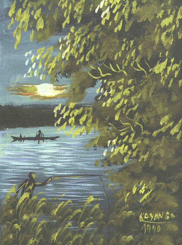 Peinture détaillée d'un paysage avec une rivière, un bateau, un pêcheur et des arbres. Des nuances de vert et de bleu.