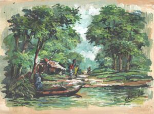 Peinture détaillée d'un paysage sur une rivière avec des arbres, un bateau et une cabane. Teintes vertes, brunes et blanches.