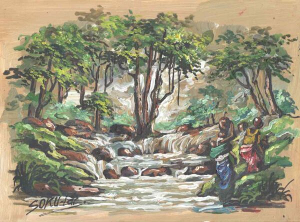 Gedetailleerd schilderij van een landschap met een rivier en bomen. Groene, bruine en witte tinten.