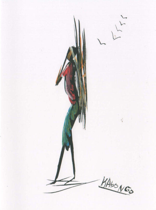 Fin dessin stylisé d'une femme portant sur son dos un bussel de branches. Dans les tons noir, vert, orange et rouge sur fond blanc.