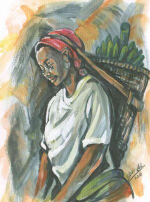 Peinture représentant une femme portant un panier sur son dos. Tons gris et souillés avec un peu de rouge.