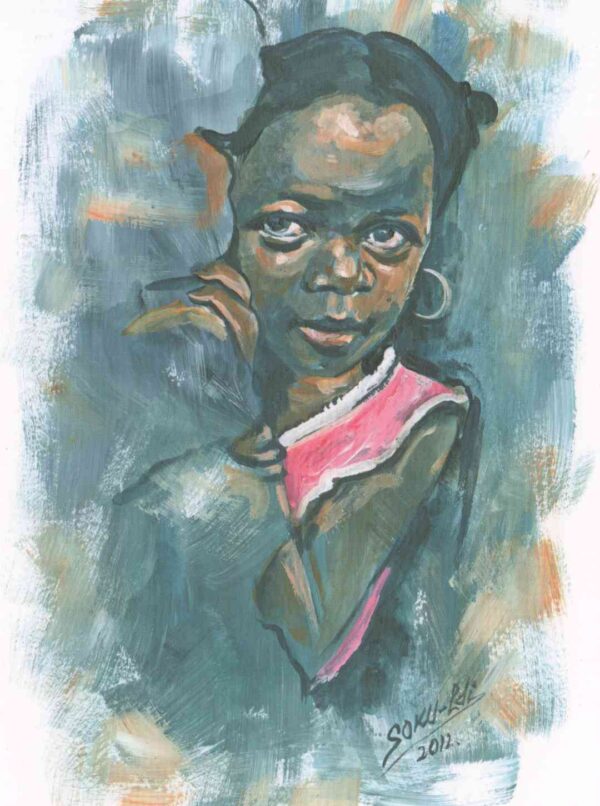 schilderij van een meisje dat komt piepen. Voornamelijk grijsblauwe en bruine tinten met een beetje roze.