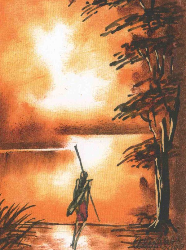 Peinture d'un paysage avec un homme sur le rivage dans des tons orange et brun foncé.