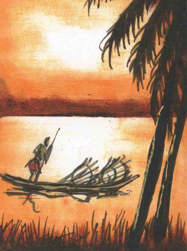 Peinture d'un paysage avec un pêcheur sur l'eau dans des tons orange et brun foncé.