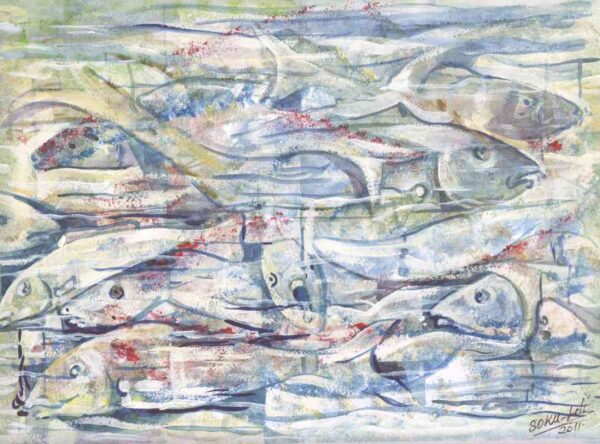 Schilderij vol met vissen in zachte blauwe, witte en kaki tinten.