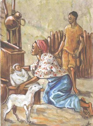 Homme, femme, bébé et chèvre dans leur maison dans les tons marron, kaki, blanc et bleu.
