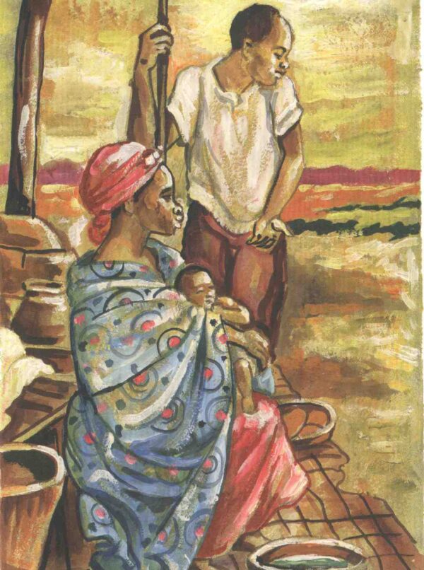 Peinture d'un homme et d'une femme assise avec son enfant dans leur maison. En couleurs marron, rouge, bleu et kaki.
